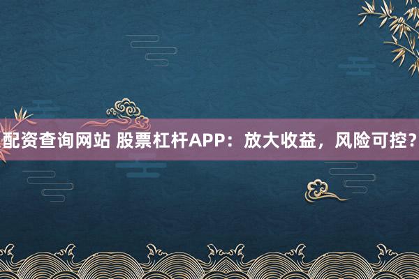 配资查询网站 股票杠杆APP：放大收益，风险可控？